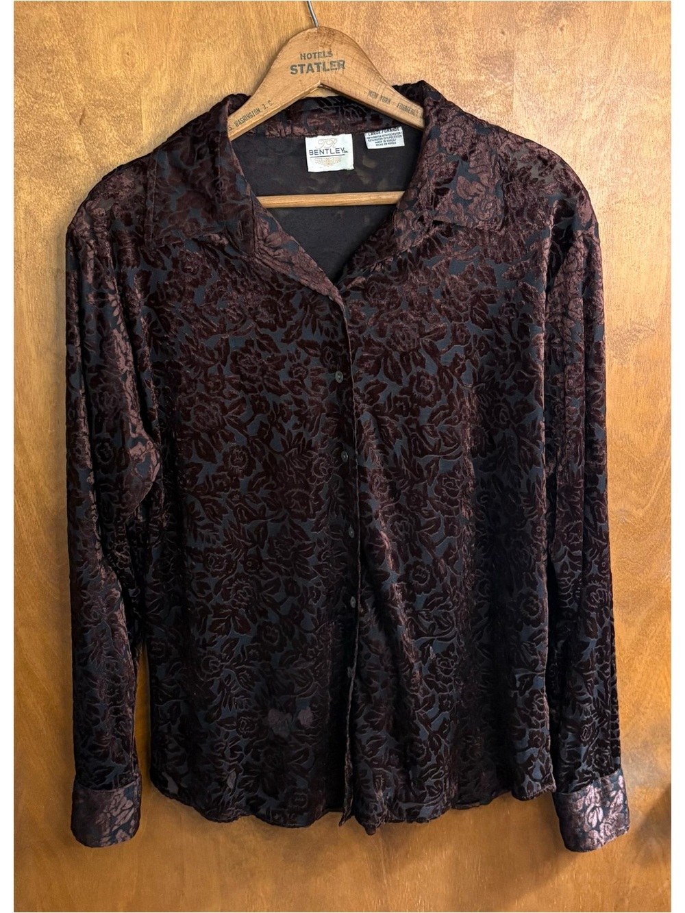 Vintage 90s Brown Floral Burnout Velvet Button Up Blouse Top Sheer Mesh Goth Y2K